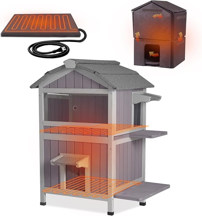 GUTINNEEN 2-Story Heated Cat House for Outside Large Insulated Cat House Outdoor Weatherproof Feral Cat Shelter with Heated Pad, Insulated All-Round Thermal Liner for 1-4 Cats