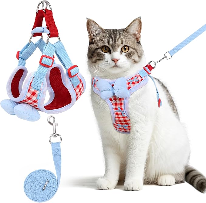 Cat Vest Harness and Leash Set for Walking Escape Proof, Adjustable Kitten Harness and Leash Set Breathable Mesh with Bow Harness for Kitty Puppy Bunny(Red Small)
