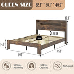 Wooden Queen Size Bed Frame with Storage Headboard, Farmhouse Platform Bedframe with Charging Station & Led Lights, Sturdy Wood Slat Framework, Easy Assembly (Rustic Brown Led)