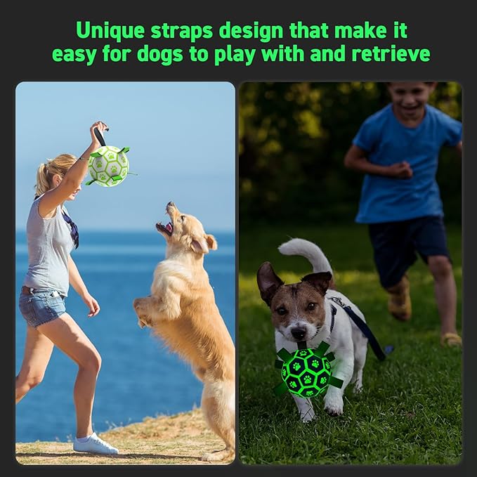 QDAN Premium Glow in The Dark Dog Toys, Dog Ball with Straps, Soccer Ball for Dogs, Outdoor Dog Toys, Pet Birthday Toys, Puppy Essentials for Medium to Large (8Inch)