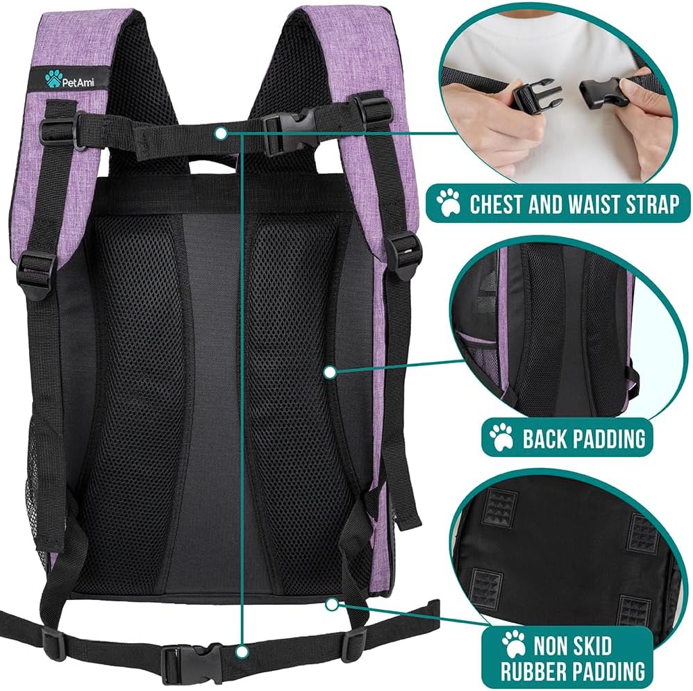 PetAmi Dog Backpack Carrier for Small Large Cat, Pet, Puppy, Ventilated Pet Hiking Backpack Travel Bag, Airline Approved Cat Backpack Carrier, Camping Biking Dog Bag Up to 18lbs Pet, Purple