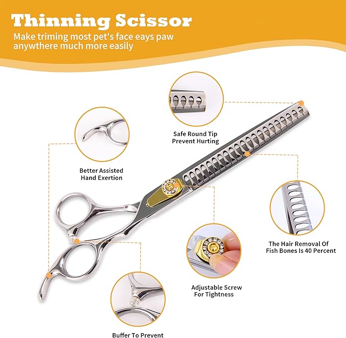 7 Inch Professional Dog Grooming Scissors Kit, 6-in-1 Grooming Scissors for Dogs, Pet Grooming Shears Set, Straight Scissor & Thinning Shear & Curved Scissor & Chunker Shear (Silver)