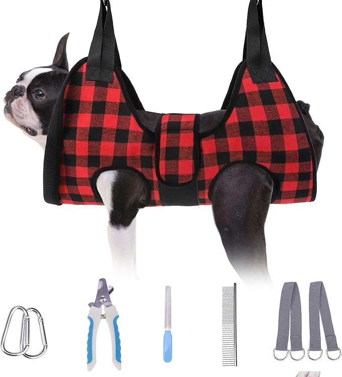 BEAUTYZOO Dog Grooming Hammock Harness for Nail Trimming - Adjustable Pet Restraint Sling for Small Medium Large Dogs/Cats -Secure Hanging Holder for Nail Clipping & Grooming (Christmas Buffalo Plaid)