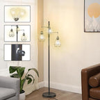 NUNET Boho Industrial Farmhouse Floor Lamp with Stepless Dimming & 3 Adjustable Cage Shades - Vintage Rustic Tall Standing Light for Living Room/Office, Includes Edison Bulbs, Weighted Base