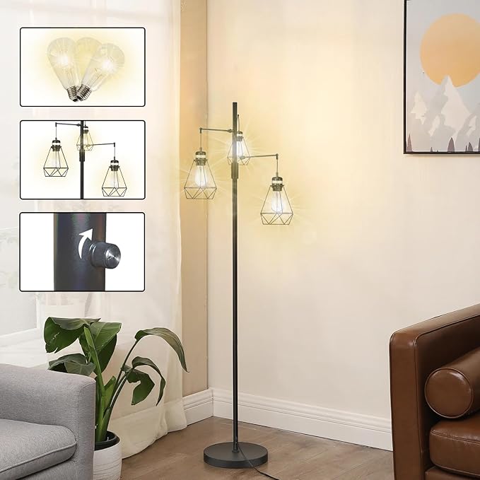 NUNET Boho Industrial Farmhouse Floor Lamp with Stepless Dimming & 3 Adjustable Cage Shades - Vintage Rustic Tall Standing Light for Living Room/Office, Includes Edison Bulbs, Weighted Base