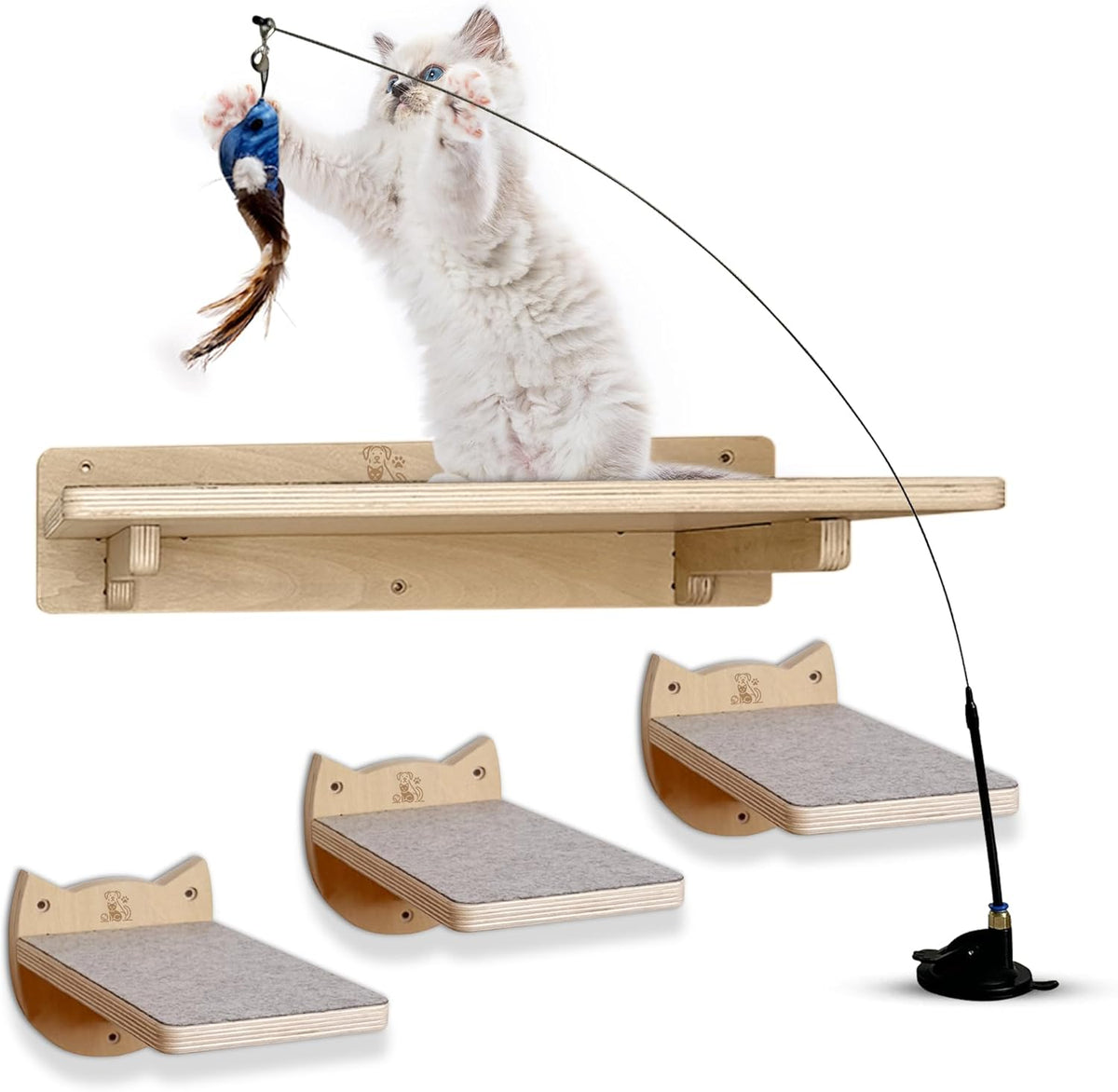 Snuggle & Play Cat Wall Shelves with Suction Cup Wand – 3 Mounted Steps, Climbing Wall Shelves and Furniture with Cat Wand