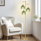 Vintage Floor Lamps for Living Room Bedroom-3 Light Gold Floor Lamp with Glass Lampshape, Flower Green Tall Lamp Mid Century Modern Standing Lamp Tree Floor Lamp for Bedroom Living Room Corner