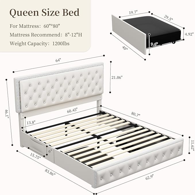 Queen Led Bed Frame with 2 Drawers, Modern Storage Platform Queen Size Upholstered Bed with Crystal Button Tufted Headboard, Solid Slats Support, Noise Free, No Box Spring Needed, PU White