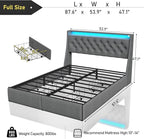 SADENICEL Full Size Bed Frame with Storage Headboard and 4 Drawer, Metal Full Bed Frame Platform with LED Light, Charging Station, No Box Spring Needed, Noise Free, Easy Assembly, Grey