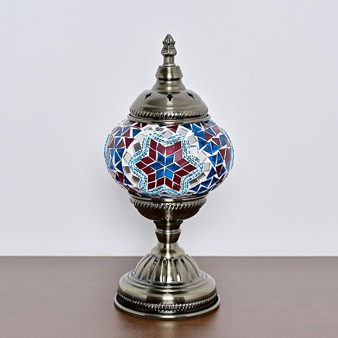 Turkish Moroccan Table Lamp Lantern with Handmade Mosaic Glass Lampshade Tiffany Style Bohemian Stained Glass Decorative Desk Lamps Bedside Night Lights for Bedroom (Blue Red)