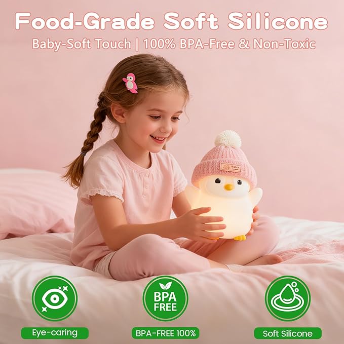 Penguin Night Light, Cute Pink Penguin Lamp with Knit Hat, Soft Silicone Nursery Nightlight for Baby, Rechargeable/Dimmable/Timer,LED Squishy Novelty Animal Bedside Lamp,Funny Gifts for Kids