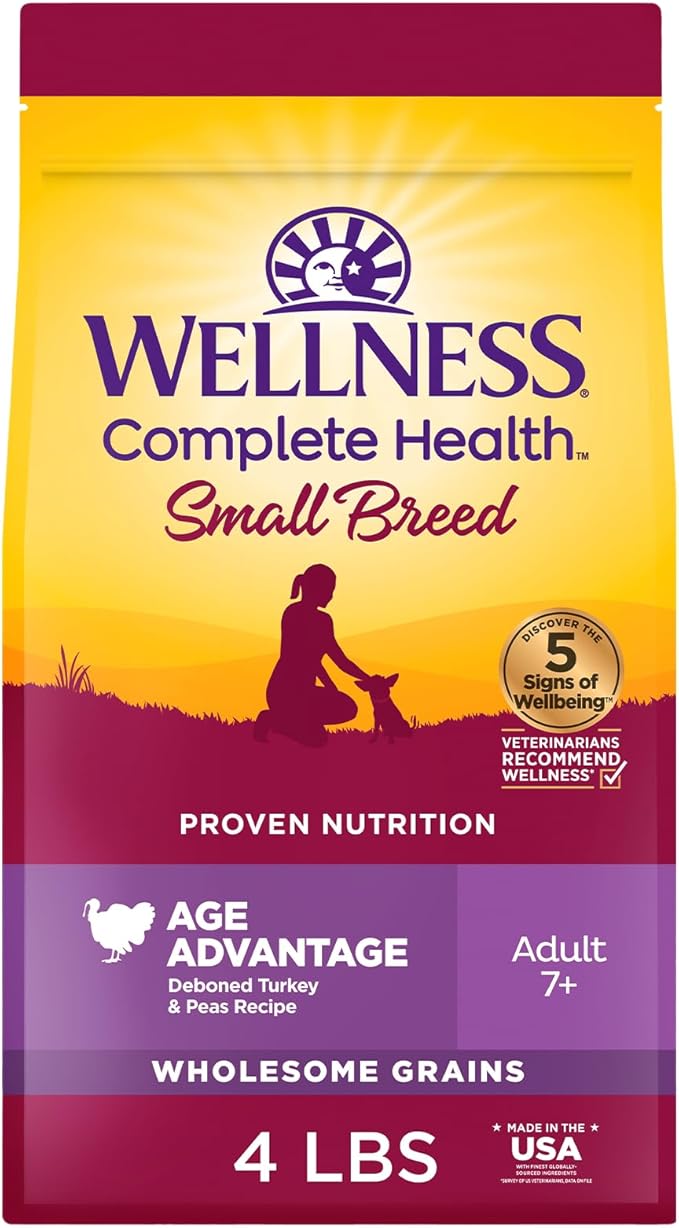 Wellness Complete Health Senior Dry Dog Food, Small Breed, Wholesome Grains, Natural, Age Advantage Turkey & Peas Recipe, (4-Pound Bag)