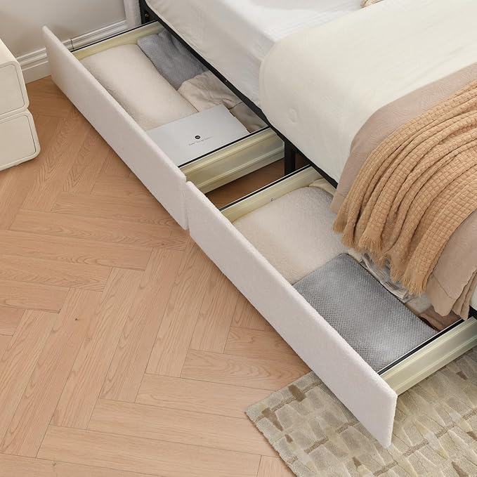 VELOCAVA Full Size Storage Bed with 4 Drawers, Modern Upholstered Bouclé Platform Frame with Curved Headboard, Rounded Corners, Wood Slats, No Box Spring Needed, Cream White