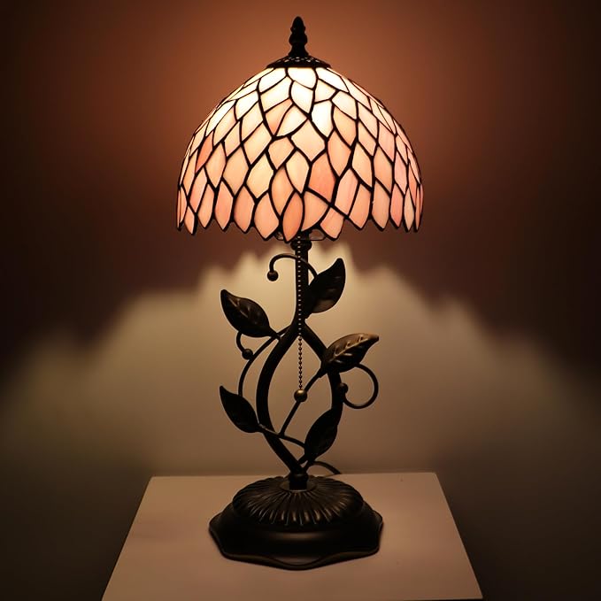 Small Tiffany Lamp Pink Leaf Style Stained Glass Table Lamps Desk Bedside Reading Light 8X8X18 Inches with Bronze Metal Leaf Resin Base