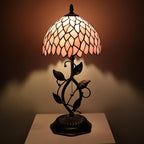 Small Tiffany Lamp Pink Leaf Style Stained Glass Table Lamps Desk Bedside Reading Light 8X8X18 Inches with Bronze Metal Leaf Resin Base