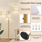 Nintiue Dimmable Floor Lamp - 3 Lights Brass Arc Floor Lamps for Living Room, 1000LM Modern Tall Standing Lamp with Linen Shades, Mid Century Tree Floor Lamp for Bedroom Office, 3 LED Bulbs Included