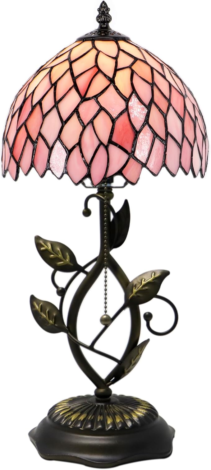 Small Tiffany Lamp Pink Leaf Style Stained Glass Table Lamps Desk Bedside Reading Light 8X8X18 Inches with Bronze Metal Leaf Resin Base