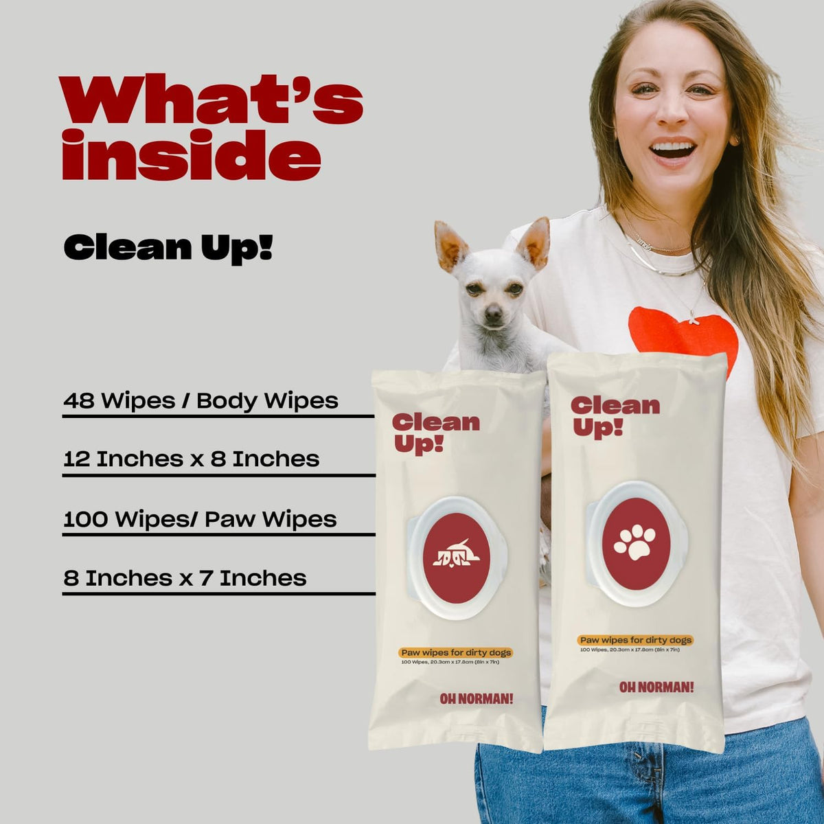 OH NORMAN! Clean Up Paw Wipes for Dogs (8x7) by Kaley Cuoco, Gentle Pet Grooming Wipes, Plant-Based and Unscented, 100 Count