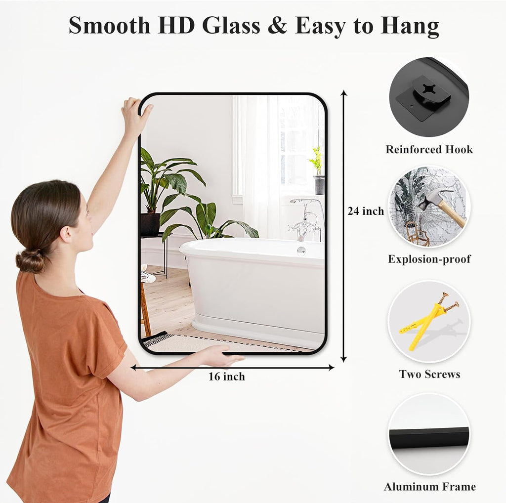Fabuday Small Black Bathrrom Mirror for Over Sink - 16x24 Framed Rectangle Wall Mirror, Matte Metal Rectangular Vanity Mirrors for Bedroom, Living Room, Entryway, Hallway, Horizontally/Vertically