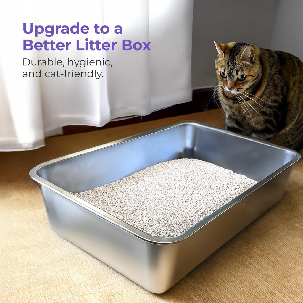 iPrimio Stainless Steel Litter Box - No Stick Litter Pan for Cats - XL Cat Box with Teflon Coating - Never Absorbs Odor or Rust - Ergonomic, Easy to Clean, Durable, Nonstick, Spacious Pans