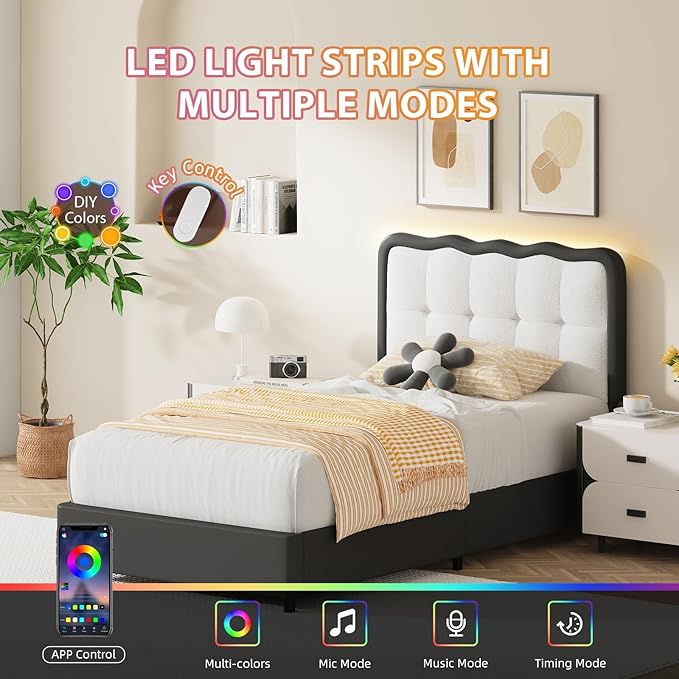 BarnFurin Twin Bed Frame with LED Lights, Twin Size Bed Frame with Cloud Headboard LED Lights, Upholstered Platform Bed with Cloud Headboard, No Box Spring Required, Easy Assembly, Black