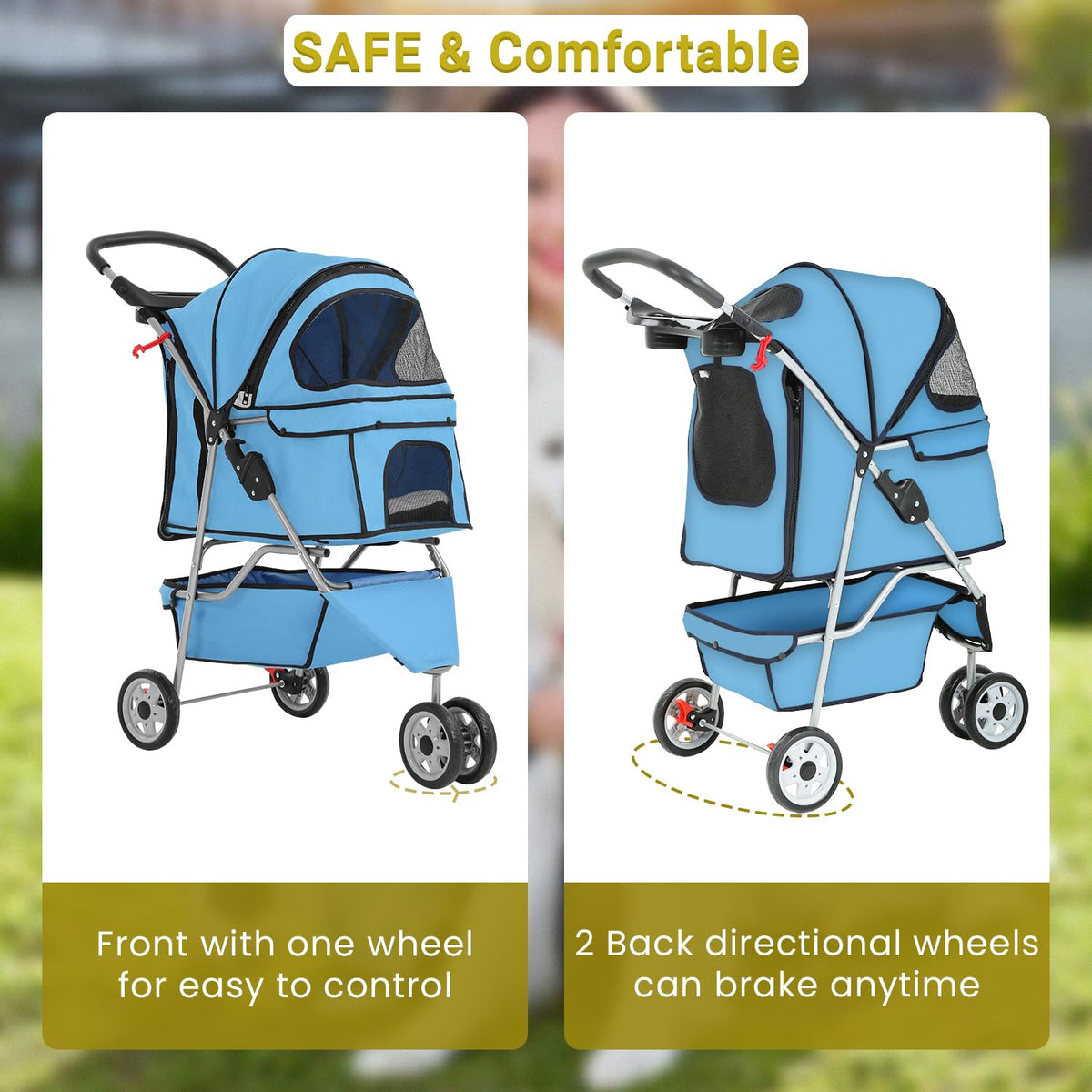 Foldable Pet Stroller for Cats and Dogs 3 Wheels Carrier Strolling Cart with Weather Cover, Mesh Panels，Storage Basket Cup Holder，Blue