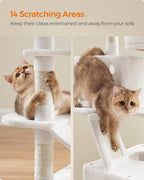 Feandrea Cat Tree, 66.1-Inch Large Cat Tower with 13 Scratching Posts, 2 Perches, 2 Caves, Basket, Hammock, Pompoms, Multi-Level Plush Cat Condo for Indoor Cats, Cream White UPCT165T01