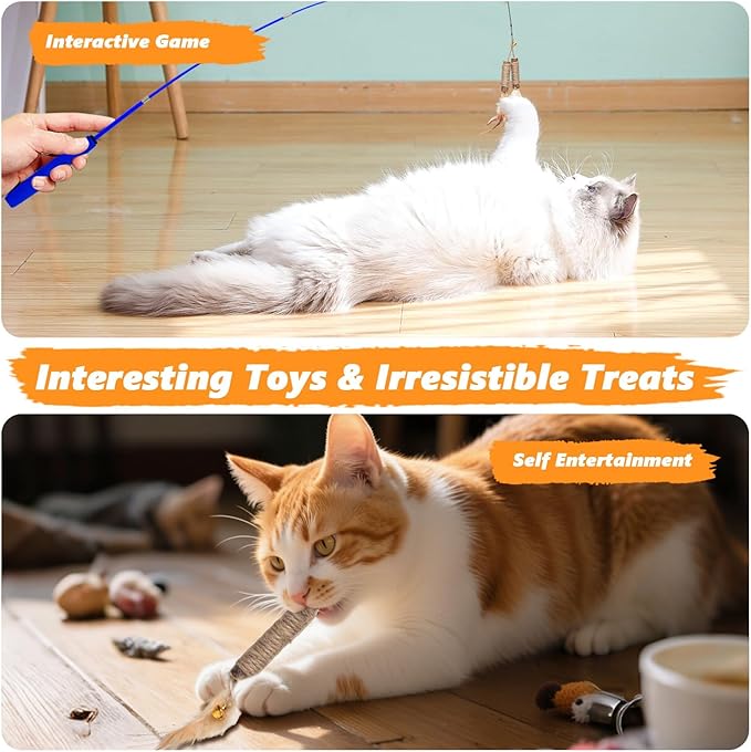 Cat Toys 24 PCS, Interactive Cats Toys for Indoor Cat, Speedy Tail 2.0 Cat Toy, Silvervine Sticks Feather Mouse Toy for Kittens