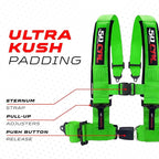 1pc 50 Cal Green 4 Point Harness 3in Straps, Racing Harness Seat Belt | Ultra Kush padding, Push Button quick release hardware. Universal Fit for UTV, RZR, race car.
