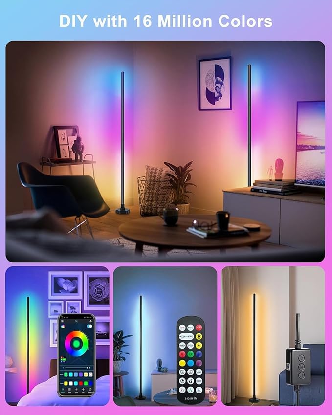 Corner Floor Lamp - Smart RGB LED Corner Lamp with 16 Million DIY Colors, Music Sync, Timer, Silicone and Aluminum, More Than a Light – Your Ambient Genius in Living Rooms Bedrooms Gaming Room