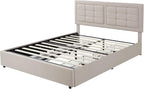 VECELO Queen Size Bed Frame with 4 Drawers, Adjustable Tufted Button Headboard, Upholstered Platform with Wood Slats Support, Built-in USB and Type C Ports, Beige