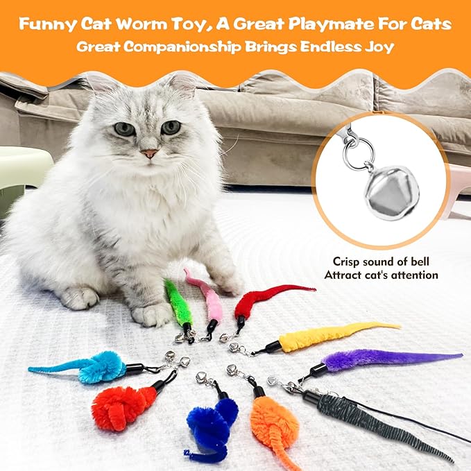 10PCS Cat Worm Toy, Cat Wand Attachment Fuzzy Worm Toys Refill with 1PCS Black String for Wand Replacement, Interactive Cats Kittens Toys for Indoor