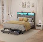 Queen Bed Frame, Velvet Upholstered LED Platform Bed with Headboard Storage, Queen Bed Built-in Charging Station with 2 Drawers, Wood Slat Support, No Box Spring Needed, Grey