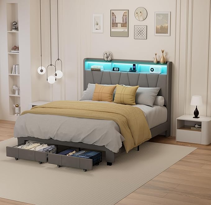 Queen Bed Frame, Velvet Upholstered LED Platform Bed with Headboard Storage, Queen Bed Built-in Charging Station with 2 Drawers, Wood Slat Support, No Box Spring Needed, Grey