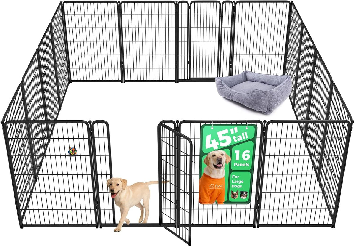 FXW Homeplus Unleashed Indoor Dog Playpen - Stress-Free and Safe Play, Heavy Duty 45 Inch 16 Wire Panels Dog Pen for Large Dogs, Black│Patented