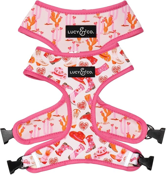 Lucy & Co. Reversible Dog Harness - Water-Repellent Neoprene, Dual-Print Design, Easy Swap Style, Adjustable Comfort Fit - Howdy Honey Reversible Harness - Medium