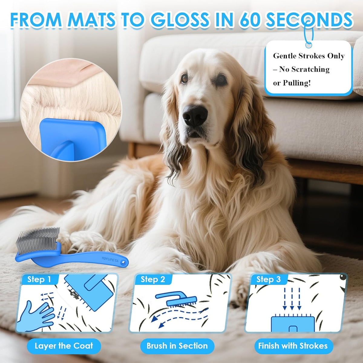 Large Slicker Brush for Dogs - 3PC Pet Grooming Kit - Undercoat Rake & Stainless Comb | Long Pins Remove Mats on Poodles, Golden, Labradoodles | Thick Coat Deshedder for Dogs, Cats, Blue