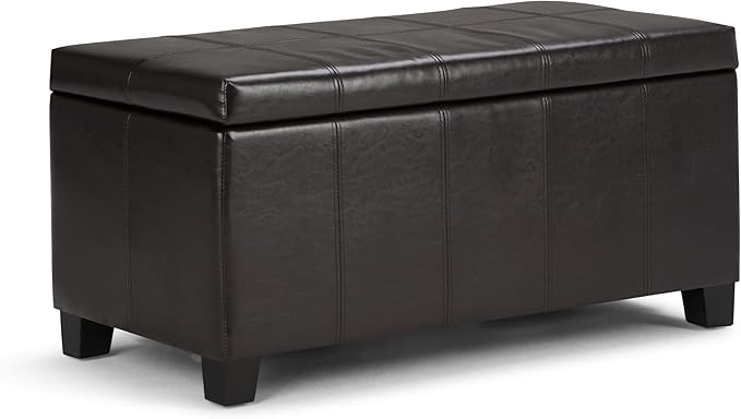SIMPLIHOME Dover 36 inch Wide Contemporary Rectangle Storage Ottoman Bench in Tanners Brown Vegan Faux Leather, Assembled, For the Living Room, Entryway and Family Room