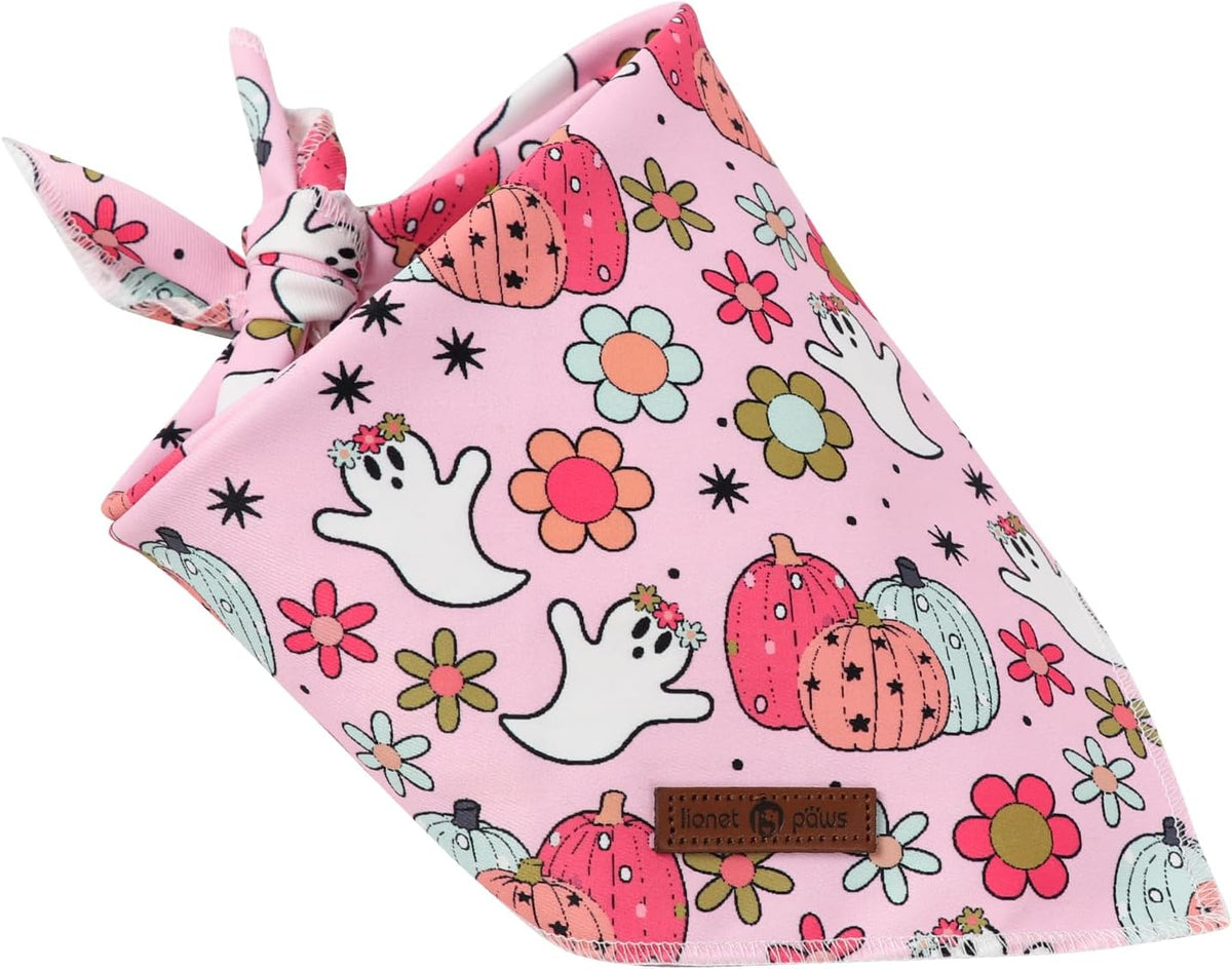 Lionet Paws Halloween Dog Bandana Washable Cotton Handkerchief Scarf Triangle Flower Ghost Pink Bandanas for Medium Large Dogs Girl