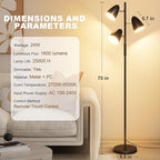 QiMH LED Floor Lamp for Living Room, Modern Dimmable Standing Lamp with 4 Color Temperature,Remote and Touch Control, Tree Floor Lamp for Bedroom with 3 Rotatable Lights Bright Stand up Lamp, Black