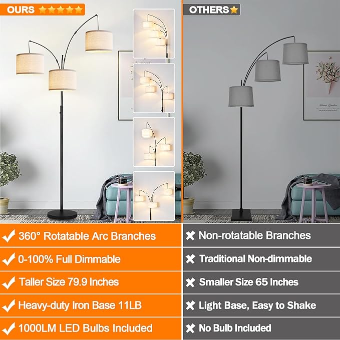 Dimmable Floor Lamp - 3 Lights Arc Floor Lamps for Living Room, 1000LM Modern Tall Standing Lamp with White Shades & Heavy Base, Mid Century Tree Floor Lamp for Bedroom Office, 3 LED Bulbs Included