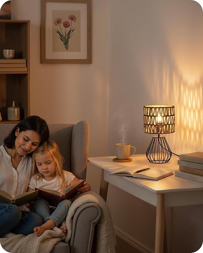 Small Bedside Lamp, Boho Table Lamp with Handwoven Paper Lampshade & Black Metal Base, Rattan Desk Lamp, Modern Nightstand Lamp for Bedroom, Living Room, 2700K LED Bulb Included, HW06TL05