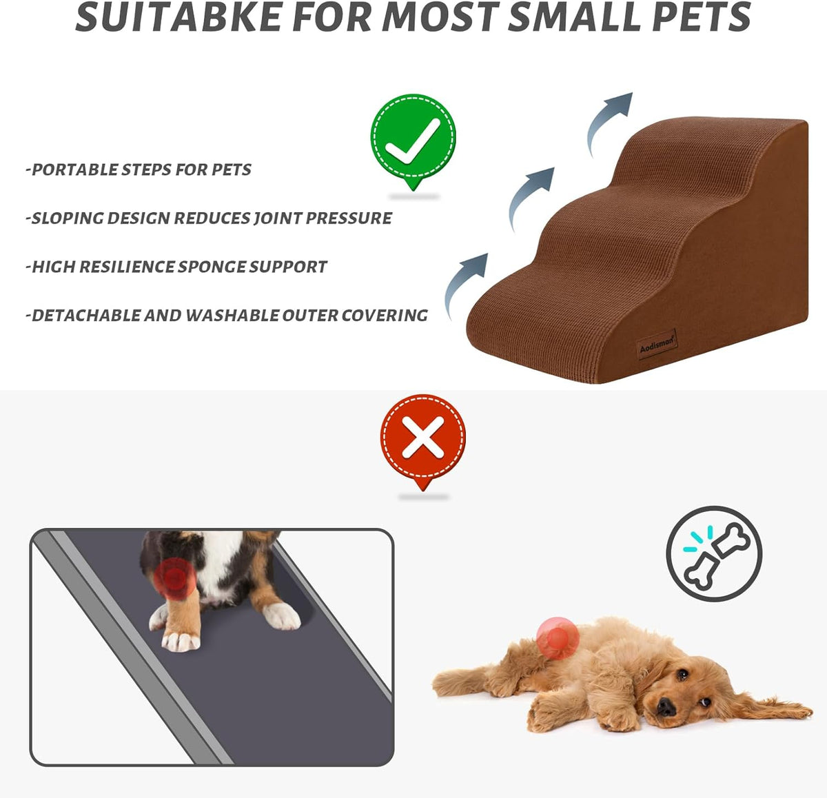 3-Step Dog Ramp and Stairs for Sofa and Chair - Non-Slip Sturdy Pet Steps for Small Dogs and Cats,15.7" H,Brown