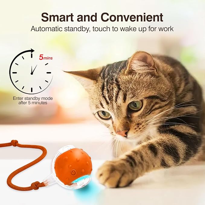 Electric Interactive Cat Toy Ball - Automatic Rolling Silicone Cat Toys for Indoor Cats, Durable Chew-Proof Motorized Kitty Ball with LED Light, Fun Exercise Toys for Bored Kittens（Orange）