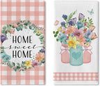 Spring Summer Floral Kitchen Dish Towels Set of 2, Home Sweet Home Floral Wreath Drying Hand Towel Baking Cooking Cloth, Pink Plaid Mason Jar Family Farmhouse Bathroom Decoration 18'' x 26''
