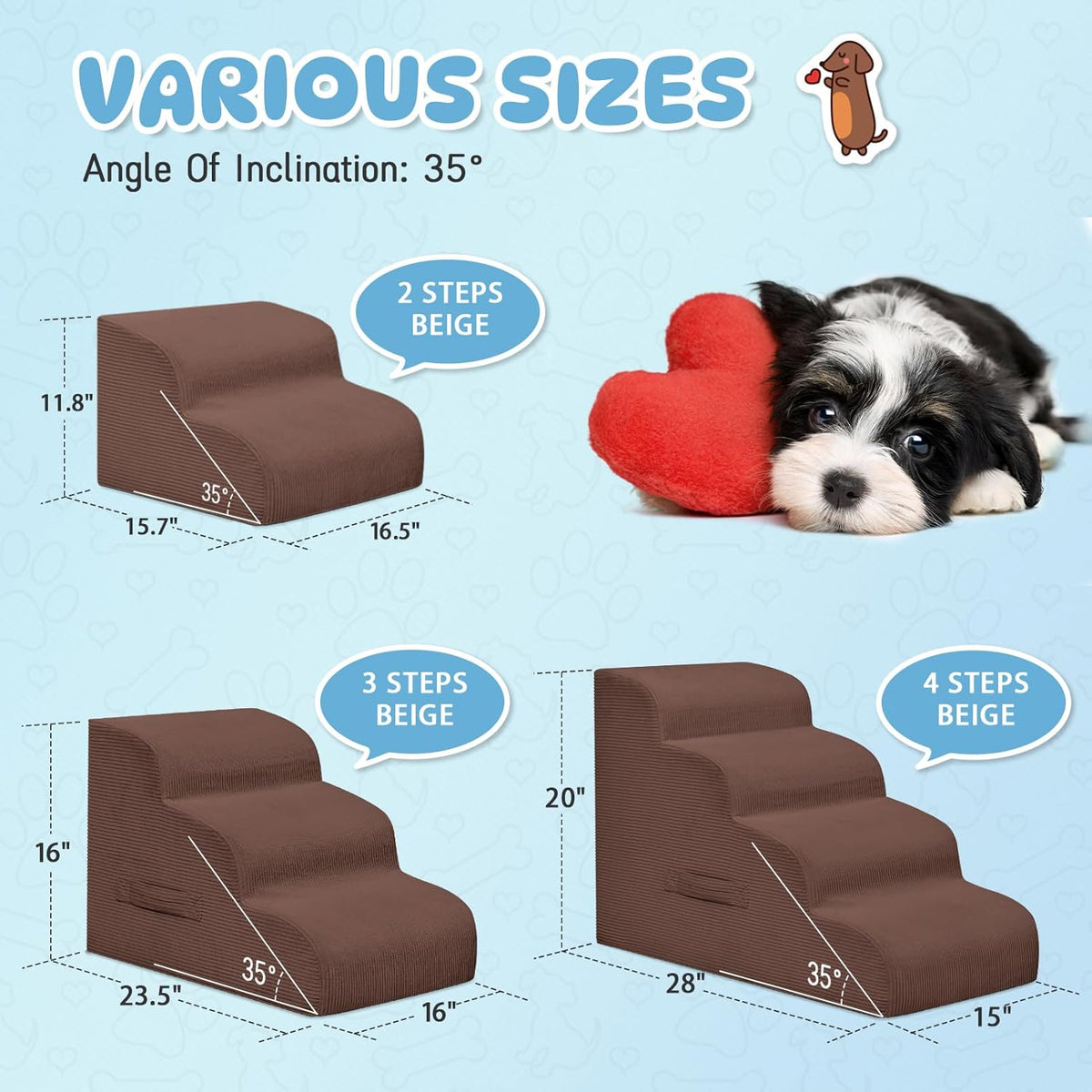 Dog Stairs & Steps for High Beds, 2 Steps High Density Foam Waterproof Dog Ramp for Small Dogs and Cats, Pet Stairs with Washable Cover for Bed, Couch, Sofa and Car, Coffee (H: 11.8")