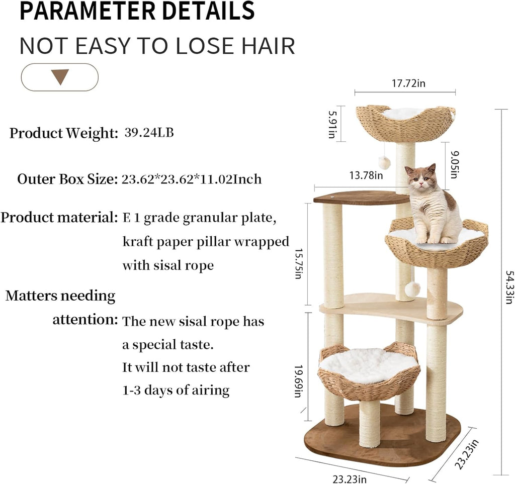 Big Modern Design Cat Tree Tower with White Cloud Mat, Unique Cat Supplies Tower with Scratching Post, Cute Wood Cat Tree Cat Furniture Activity Centre for Indoor Big Cats