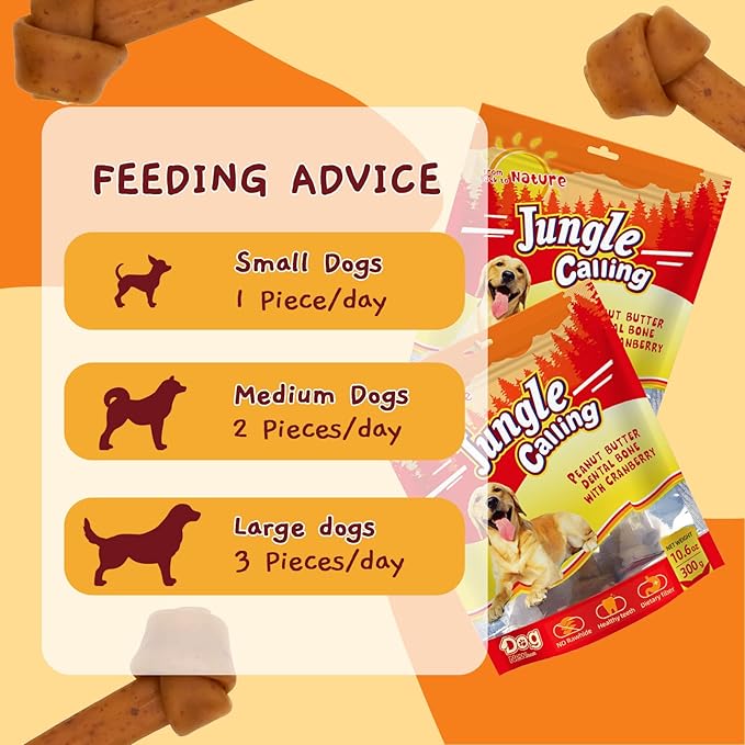 Jungle Calling Rawhide Free Dog Treats, Peanut Butter Bones, 6.5'' Pet Chews for Medium and Large Dogs,Digestible Chewing Snacks,4 Count (Pack of 1)