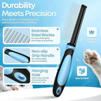 Flexzion Metal Pet Comb for Cats & Dogs - Sturdy Stainless Steel Rounded Teeth with Non-Slip Soft Grip Handle Easy to Use Grooming Detangling Cat Combs for Indoor Cats, Blue