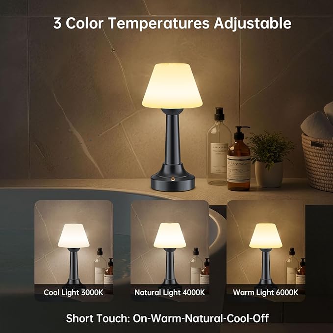Cordless Table Lamp, Rechargeable Touch LED Lamp with 3 Color Temps & Stepless Dimming, Portable Battery Operated Light for Bathroom, Shower, Bedroom, Patio, Indoor/Outdoor Use, IP65 Waterproof